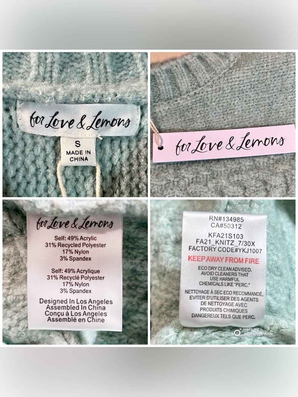 For Love & Lemons Dominique Cropped Cable Knit Sweater Mint Green S NWT - Picture 5 of 8